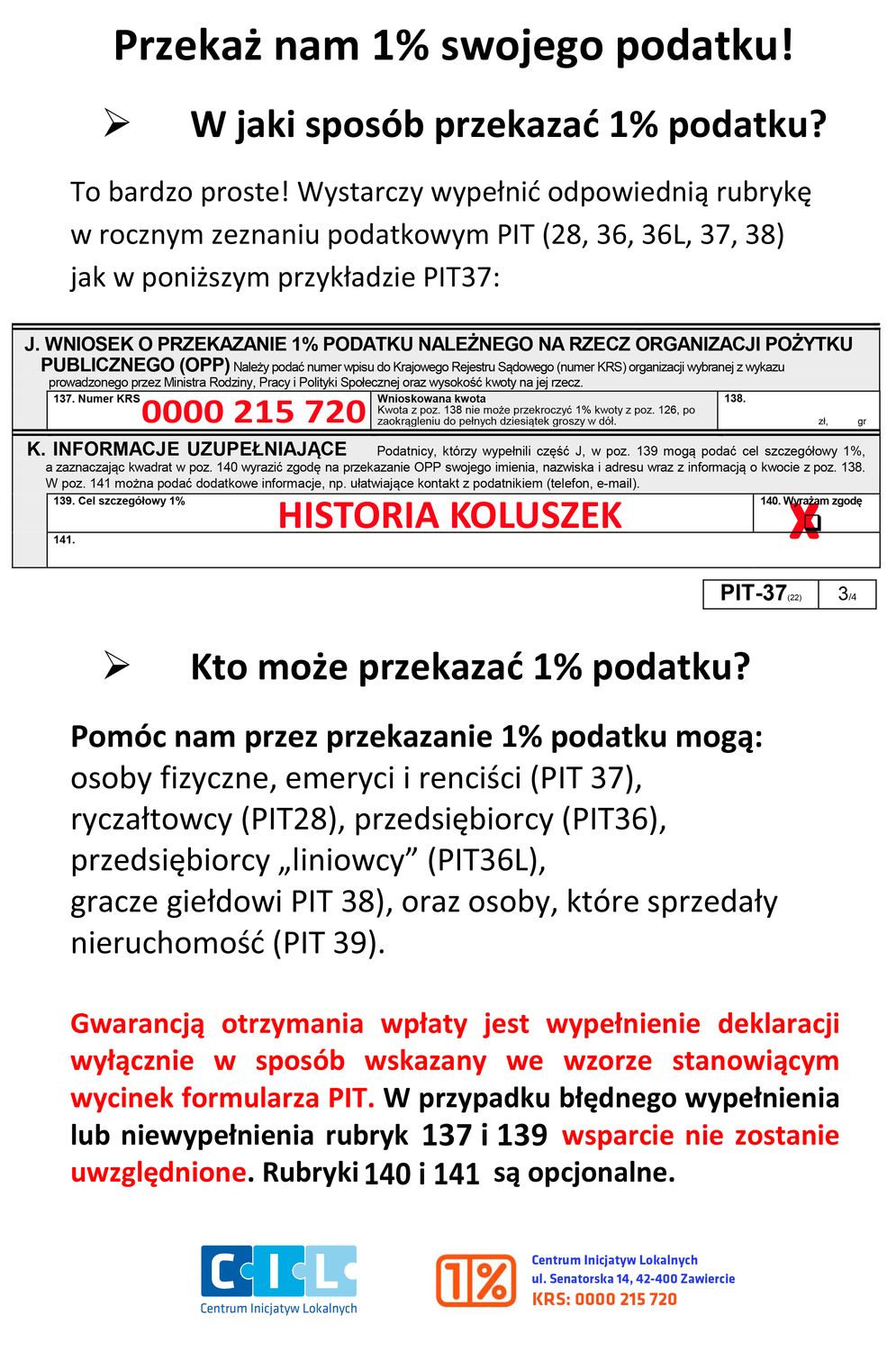 Przekaż 1 % podatku na rzecz Stowarzyszenia Historia Koluszek